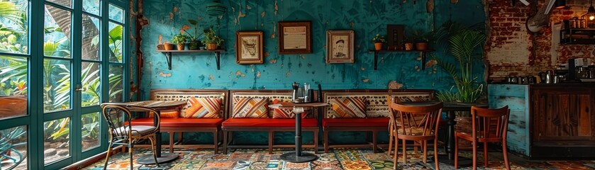 An artistic rendering of a colorful, retro-style cafe with a blue patterned wallpaper, red leather...