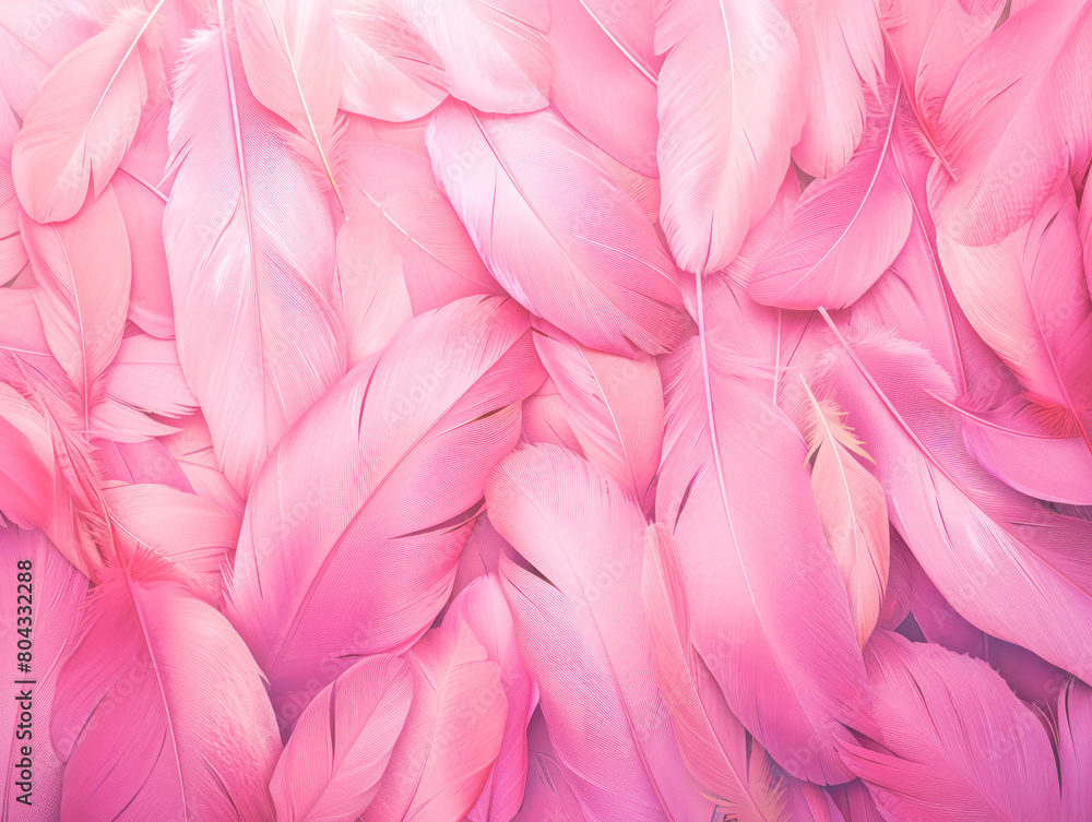 Poster a close-up of overlapping pink feathers on a seamless pink background, reflecting a soft, gentle con