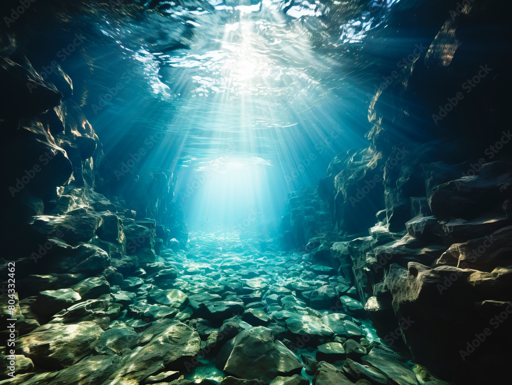 Poster Underwater scene with sunlight filtering through water, highlighting rocks and creating a mysterious mood on a dark background. Generative AI