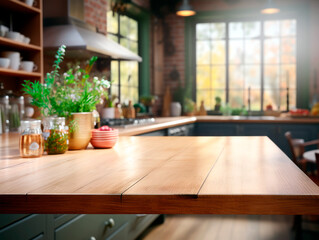 A warm, sunlight-lit kitchen interior with wooden countertops and greenery on the background, invoking a cozy atmosphere. Generative AI