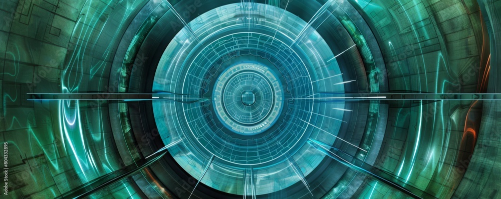 Poster futuristic reactor core cross-section with glowing blue lights and circular patterns