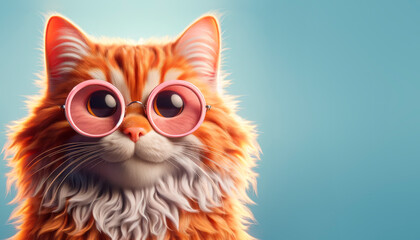 Obraz premium A ginger cat with pink glasses, digital art style, on a blue background, concept of cute and creative. Generative AI