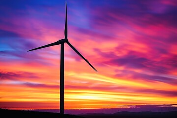 Obraz premium A silhouette of a wind turbine against a vibrant sunset backdrop.
