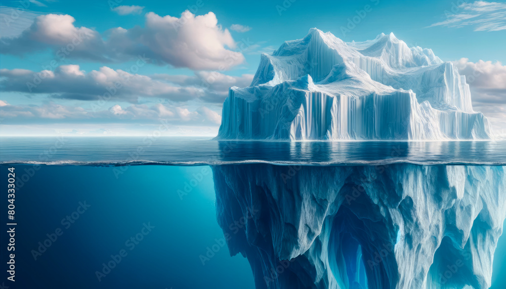Poster majestic iceberg with above and underwater view against a cloudy sky, highlighting the concept of na
