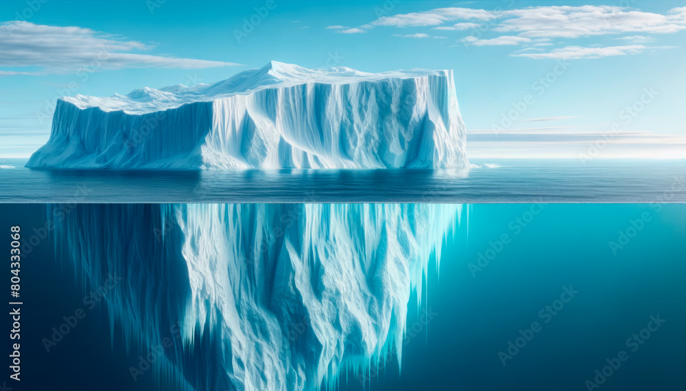 Poster an iceberg reflected in the ocean with a clear blue sky, symbolizing climate and environment. genera