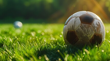 A soccer ball is on a field , sport background