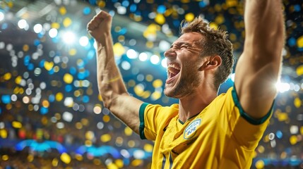 A man in a yellow jersey is celebrating with his hands raised in the air