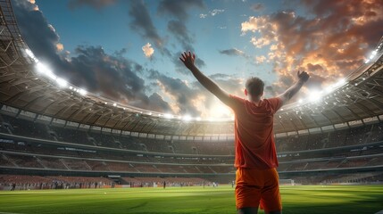 A man in an orange shirt stands on a soccer field with a crowd of people watching him. The sky is cloudy and the sun is shining, creating a moody atmosphere