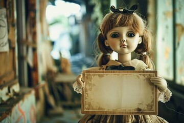 An eerie looking porcelain doll holds an empty sign as a template.
