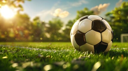 Fototapeta premium A soccer ball is on a field , sport background