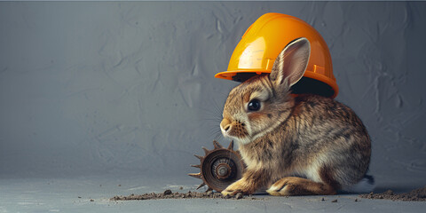 A rabbit wearing a hard hat stands in front of a factory of gray grunge wall