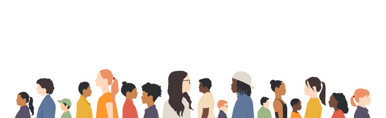Children of different ethnicities stand side by side together. Flat vector illustration.