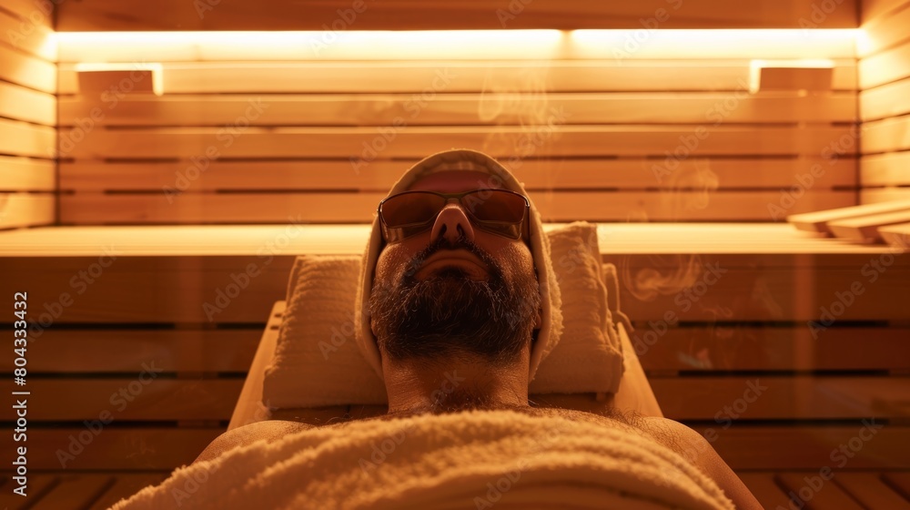 Poster a man lying on a bench inside the sauna with a towel covering his eyes and soft music playing in the