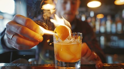 A person watches as a bartender flames an orange peel adding a smoky element to a mocktail. - obrazy, fototapety, plakaty