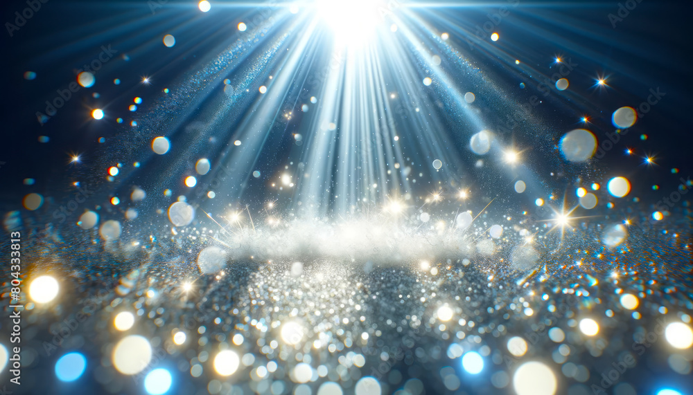 Poster Abstract sparkling lights with bokeh effects on a dark blue background illustrating a concept of celebration. Generative AI