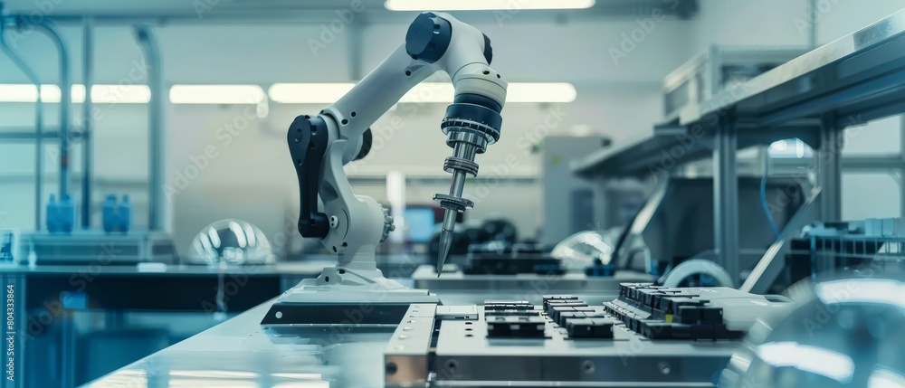 Aufkleber industrial programmable robotic arm with microchip prototype in a factory development workshop. tech