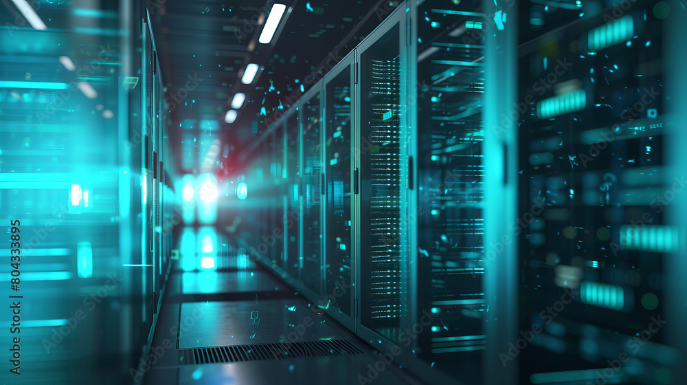 Poster a futuristic data center with glowing blue lights on a dark background, concept of modern technology