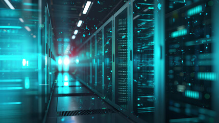 Fototapeta premium A futuristic data center with glowing blue lights on a dark background, concept of modern technology. Generative AI