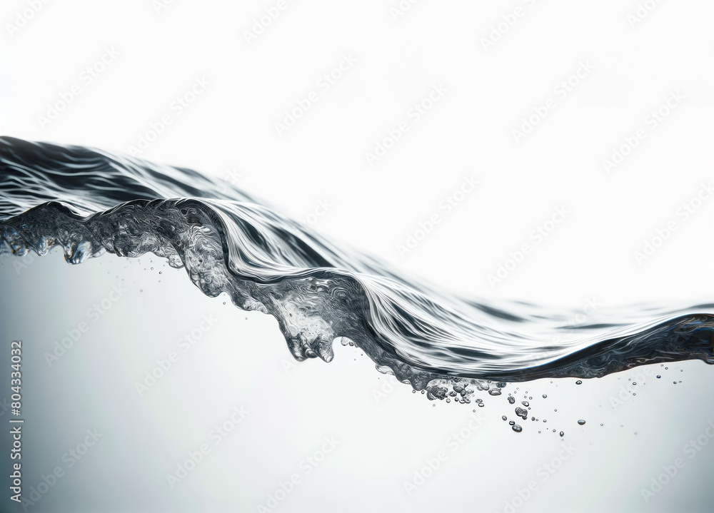 Poster a wave of clear water captured in motion against a white background, embodying fluidity and purity. 