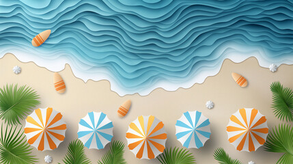 Top view beach background with umbrellas, beach blanket and sea. aerial view of summer beach in paper craft style. paper cut and craft style. vector, illustration.
