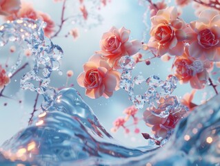 Roses emerging from crystalline structures in a surreal water-themed setting.
