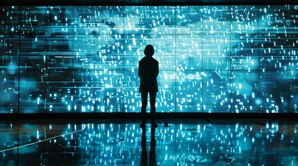 Silhouette of a Person Analyzing Cyber Threats on a Giant Digital Screen, Concept of Cybersecurity and Data Vulnerability