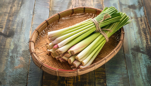 fresh lemongrass stalks in a basket placed on a wooden table