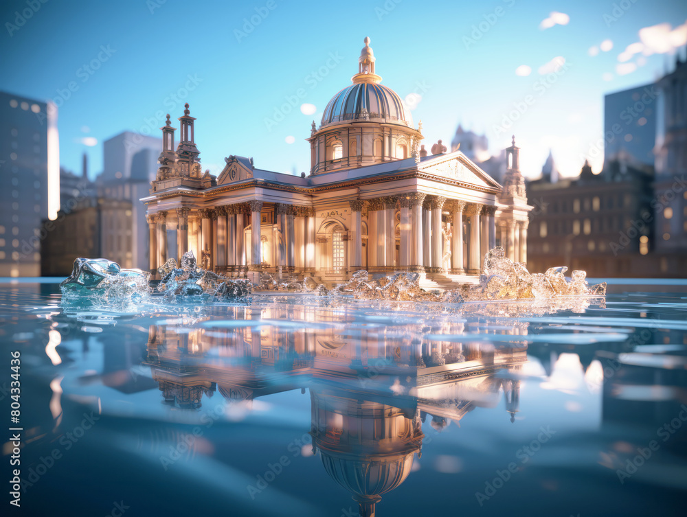 Poster an illustrious building submerged in water, with a cityscape background, reflecting a flood concept.