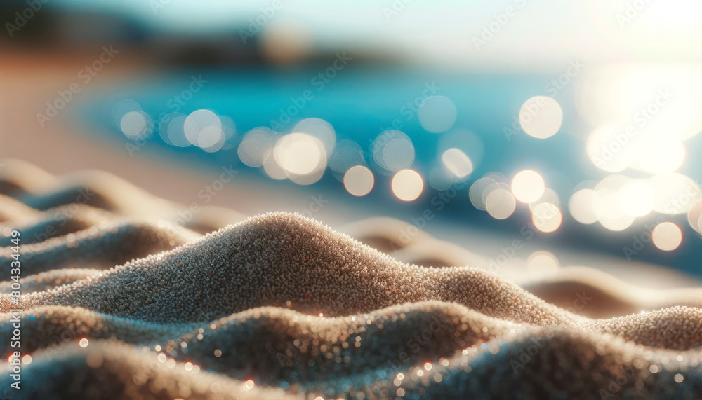 Poster close-up of sand with sparkling bokeh, photographic style, on a blur seaside background, concept of 