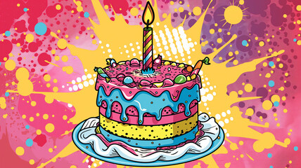 Pop art birthday cake. Colorful background in pop art retro comic style. Birthday, celebration cart background.