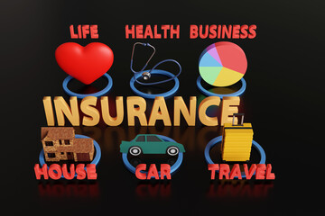 Large yellow text INSURANCE, red heart, blue stethoscope, business pie chart, detached house, green car and yellow luggage on a black background. Illustration of different categories of insurance