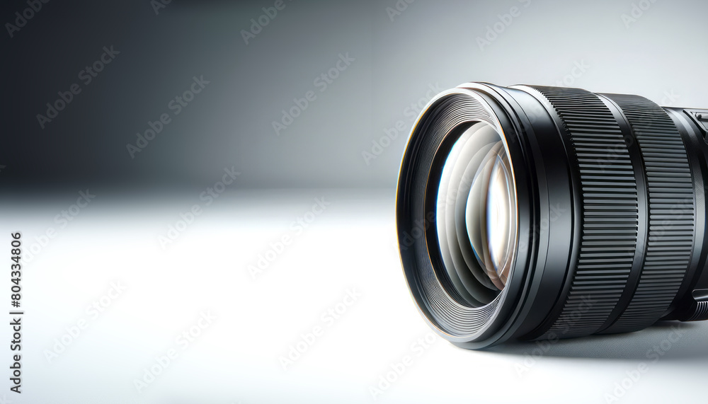 Poster a close-up of a camera lens with a clean design on a gradient gray background, concept of photograph