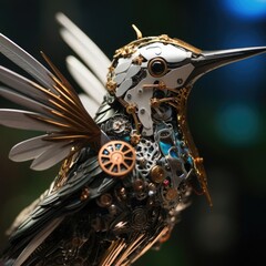 Close-up of a robotic hummingbird with intricate gear mechanisms and shiny steel feathers