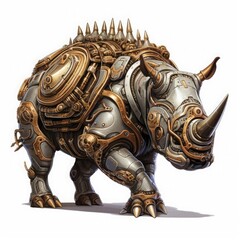 Fototapeta premium Detailed depiction of a steampunk rhino with armored plating and steam vents, rendered in a realistic style
