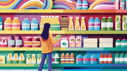 Artistic supermarket scene with a woman examining products. Bright, modern illustration of daily consumer activities