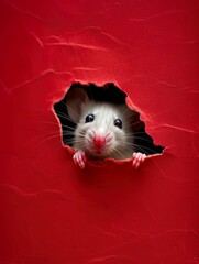 Curious White Mouse Peeks from Crimson Paper Burrow