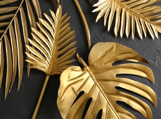 Stylish black and gold wallpaper with tropical palm leaves. Ideal for interior design project.