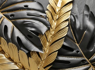 Stylish black and gold wallpaper with tropical palm leaves. Ideal for interior design project.