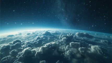 A panoramic view of Earth from space is shown, with stars and galaxies in the background against a dark blue sky above clouds,Generative AI illustration.