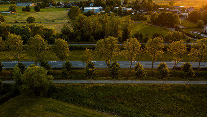 Road in East Flanders. Aerial view at sunset