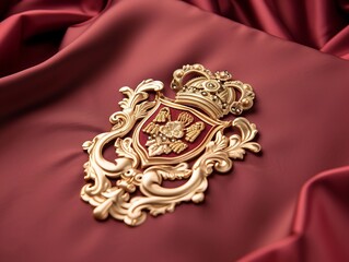 A golden royal crest with a crown on the top of it, placed on a red cloth
