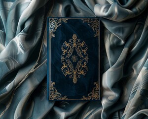 A blue velvet book with gold filigree on a blue silk background.