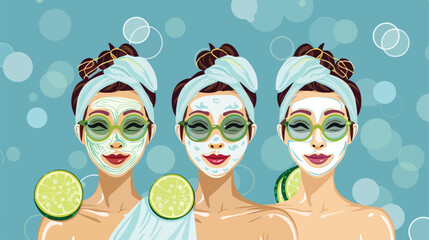 Beautiful young women with facial masks and cucumber
