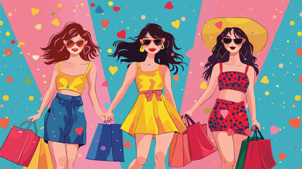 Beautiful young women with shopping bags on color background