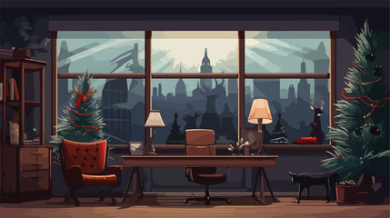 Interior of dark office with workplace Christmas wr