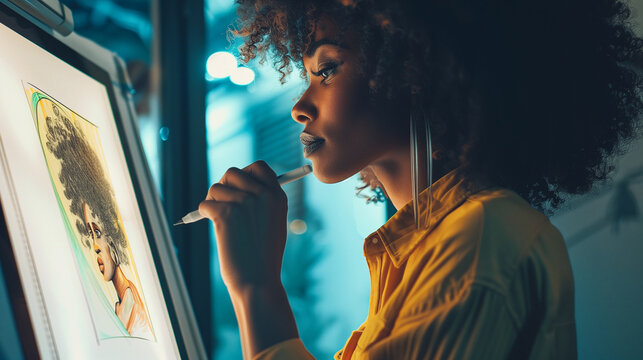 Young adult american african woman painting a caricature of herself at digital screen monitor.