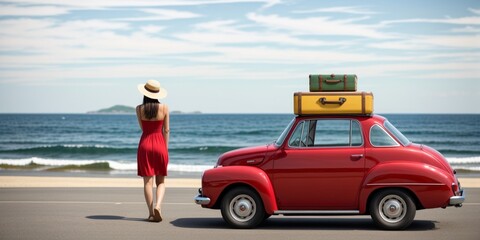 Woman and Classic car ,Vacation concept.