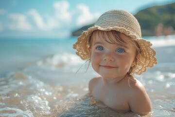 Adult female sits on sandy shore facing the sea, sunhat covers her face for privacy