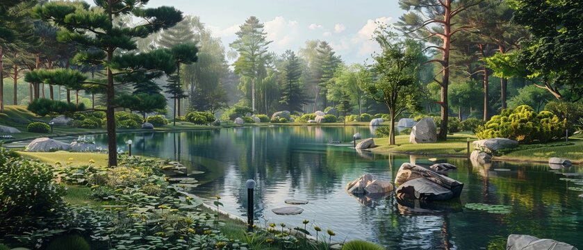 The landscape architecture 3D render features a backyard forest project with trees and a lake. The interface is a grey interface template for computer displays or laptops.
