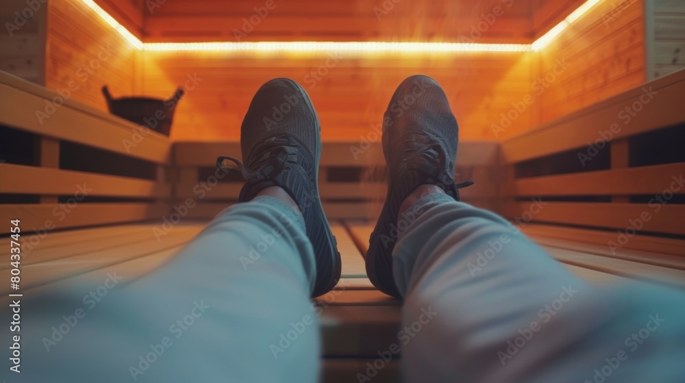 Poster a person sitting with their legs stretched out in front of them arms resting on the bench as the cal